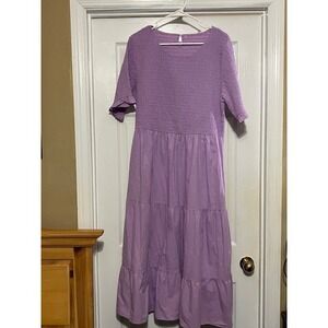 Women's Short Sleeve Smocked Dress Elastic Waist Tiered Size 2XL Lt Purple Dress